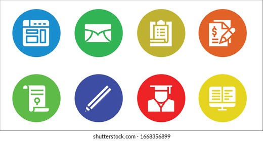 document icon set. 8 filled document icons. Included Browser, Agreement, Email, Pencil, Task, Graduate, Contract, Ebooks icons