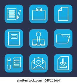 Document icon. set of 9 outline document icons such as love letter, file, paper clamp, notepad, paper, case