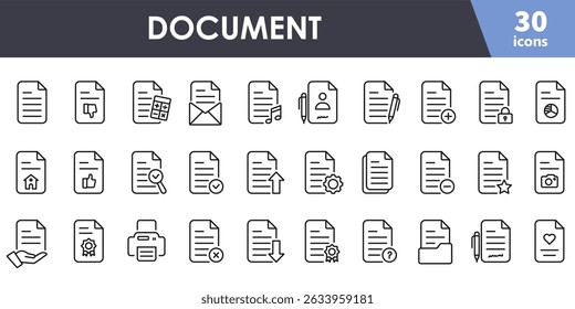 Document icon set. Add file, extract folder, find or approve the document. Contract, file, folder, data exchange, traffic, files, cloud, server signs. Vector