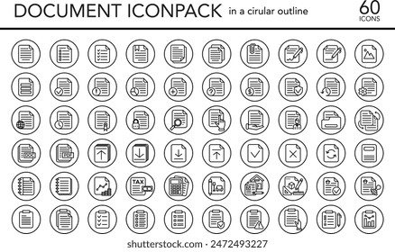 Document icon set in circular outline. Checklist, report, web documentation, document, contract, real estate document. Vector linear document icon set. Documents icon pack. Circular outline icon pack.