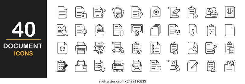 Conjunto de iconos de documento. Iconos de contorno de Portapapeles. Contiene documentos de texto, archivos, listas, carpetas, contratos y más. Ilustración vectorial