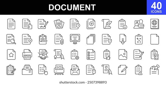 Document icon set. Clipboard outline icons. Containing text documents, files, lists, folders, contracts, and more. Vector illustration