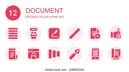 document icon set. Collection of 12 filled document icons included Justify, Interview, Pages, File, Document, Newspaper, Browser, Fade buttons, Pen, Boarding pass, Pencil