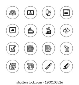 Document icon set. collection of 16 outline document icons with clipboard, book, browser, certificate, document, file, highlighter, folder, reporter, scanner, share icons.