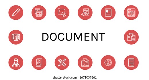 conjunto de iconos del documento. Colección de iconos Pen, Browser, Folder, Evaluation, Resume, Article, Prisoner, Medical report, Pencil, Share, File, Brochure, Briefcase