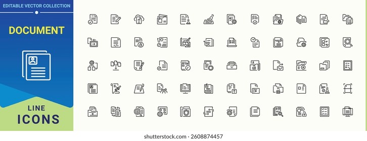 Document icon set. Contain linear sign report, page, list, file, form and more. Files icon pack. Thin icons set. Pixel perfect. Vector illustration.