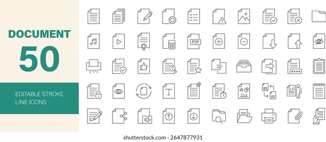 Conjunto de ícones do documento. Contendo arquivo, papel, pasta, certificado, aceitar, aprovado, área de transferência, fatura, arquivo, relatório, pesquisa, lista e muito mais. Traçado editável. Ilustração vetorial.