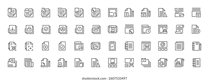 Document icon set. Different document icons. Paper document icons in line style. Task, certificate, folder, file, invoice, archive, checklist and more.