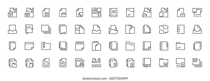Document icon set. Different document icons. Paper document icons in line style. Task, certificate, folder, file, invoice, archive, checklist and more.