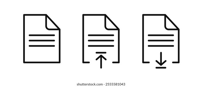 Document icon set. Download and upload document or files line icon. Editable stroke