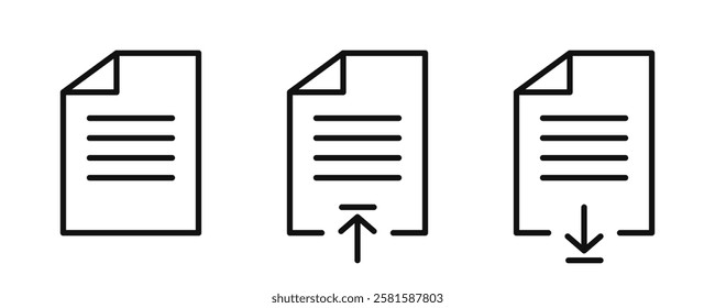 Document icon set. Download and upload document or files line icon. Vector editable stroke