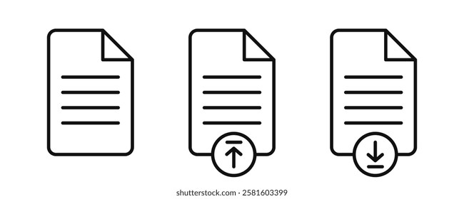 Document icon set. Download and upload document or files line icon. Editable stroke