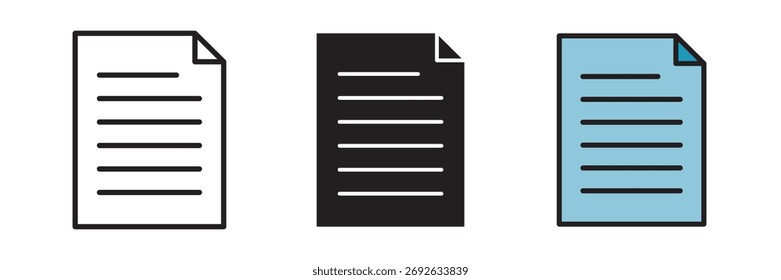 Ícone do documento definido na ilustração vetorial plana, projetado no estilo de contorno, preenchimento e cor. Ideal para arquivos, trabalho de escritório, relatórios, gerenciamento de dados e conceitos de design de papel digital.