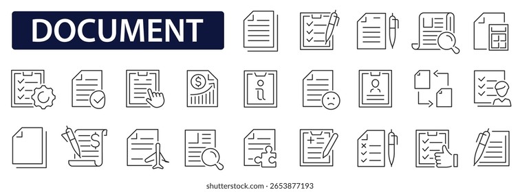 Document icon set. Full collection files icons. Documents linear icon. Contract papers, folder, certificate, accept, approved, clipboard and more. Vector illustration
