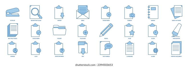 Conjunto de iconos del documento, iconos incluidos como lápiz, carpeta, portapapeles, marca de preguntas y más colección de símbolos, ilustración vectorial aislada del logotipo