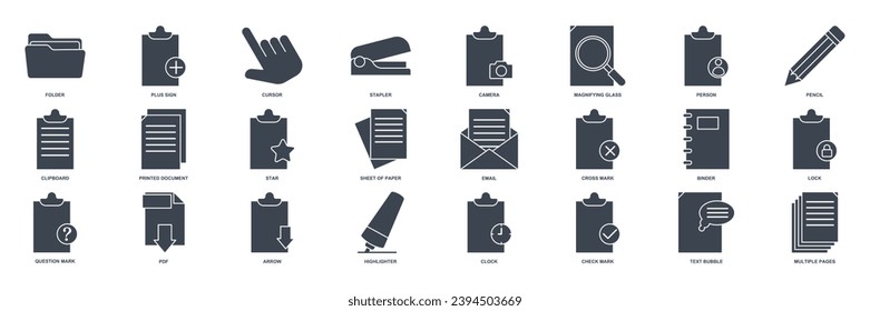 Document icon set, Included icons as Pencil, Folder, Clipboard, Question Mark and more symbols collection, logo isolated vector illustration