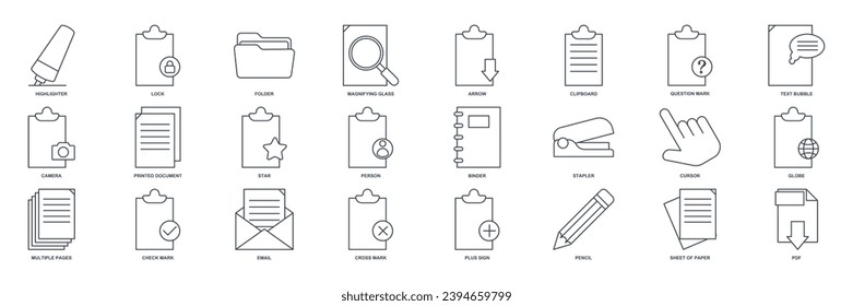 Document icon set, Included icons as Pencil, Folder, Clipboard, Question Mark and more symbols collection, logo isolated vector illustration