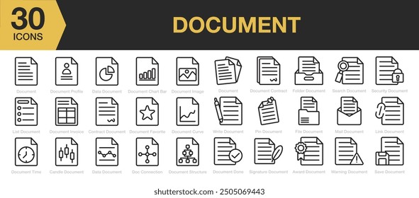 Document icon set. Includes profil, file, security, signature, analysis and More. Outline icons vector collection.