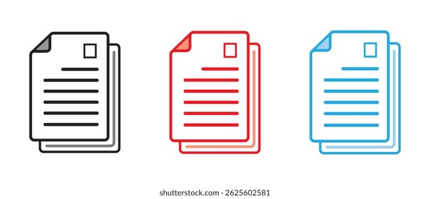 Ícone do documento definido isolado no plano de fundo branco. Sinal e símbolo de papel.  Ícone de arquivo para designs de aplicativos e de interface do usuário da Web. Ilustração vetorial.