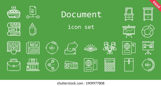 document icon set. line icon style. document related icons such as newspaper, plane ticket, book, drawer, pie chart, calculating, team, pencil, pie, outbox, presentation, envelope, file