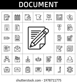 document icon set. line icon style. document related icons such as newspaper, insurance, parchment, book, notepad, clipboard, presentation, download, file, passport, stationary