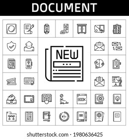 document icon set. line icon style. document related icons such as newspaper, stapler remover, book, seal, mailing, clipboard, presentation, security, passport, percentage