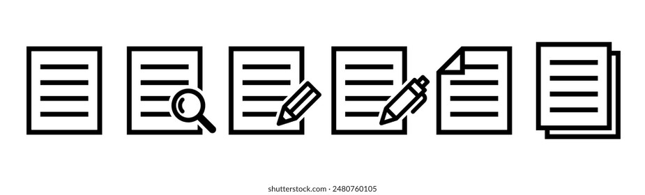 Document icon set. Document and magnifying glass, pen, pencil, etc.