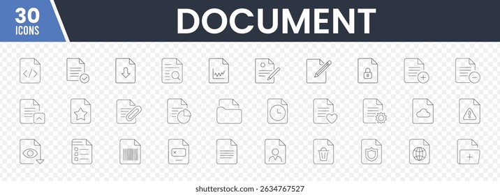Document Icon Set in Minimalist Black Line Art Featuring Various File Types, Actions, and Symbols Including Code, Graphs, Locks, Clocks, Shields