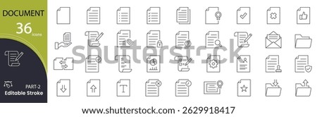 Document icon set. Office and file related line icons. paper, report, contract, file, folder, certificate, ID, clipboard, archive, form, checklist and more. Editable stroke. Vector illustration.