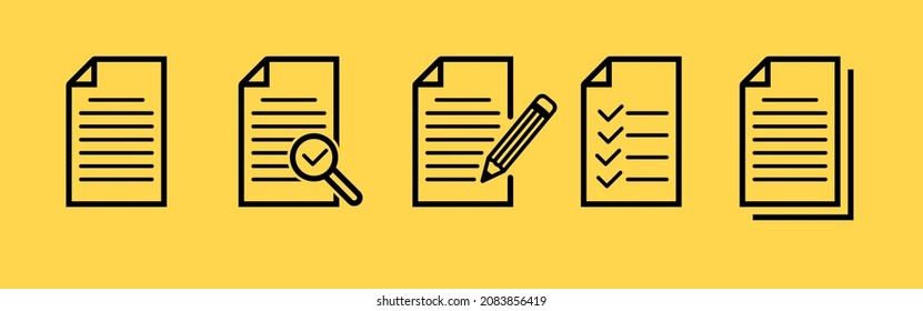 Conjunto de iconos del documento. Página de documento, portafolio, reanudación. Editar el documento. EPS vectorial 10. Aislado sobre fondo blanco.