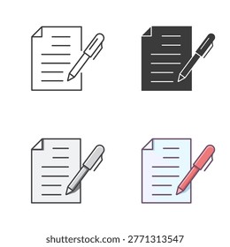 Document icon set, paper and a pen symbol. Vector isolated illustration.