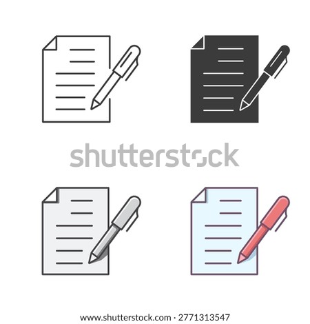 Document icon set, paper and a pen symbol. Vector isolated illustration.