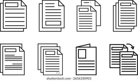 conjunto de ícones de documento. símbolo de papel com uma e várias páginas. coleção de símbolos. ícone de linha de documento. ícone de documento de papel ícones. símbolo de arquivo. ilustração vetorial
