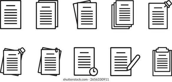 conjunto de ícones de documento. símbolo de papel com uma e várias páginas. coleção de símbolos. ícone de linha de documento. ícone de documento de papel ícones. símbolo de arquivo. ilustração vetorial