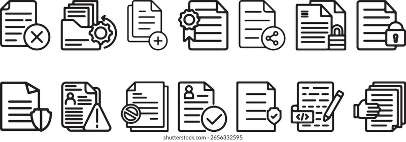 document icon set. paper symbol containing search, edit, folder, tick, patent, encrypt, legal document, cross sign. document line icon. paper document icons. file symbol. vector illustration