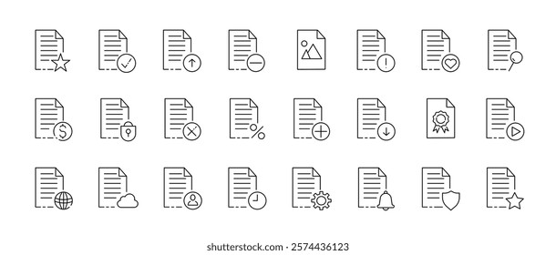 Document icon set with symbols including star, checkmark, image, shield, bell, gear. Vector icon