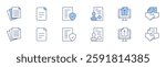 Document icon set in two styles, Duotone and Thin Line style. Editable stroke. paper, stamp, file, legal document, upload, agreement.