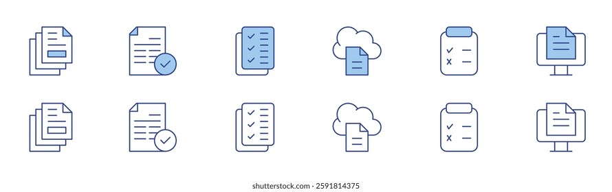 Document icon set in two styles, Duotone and Thin Line style. Editable stroke. files, document, to do list, clipboard, computer.