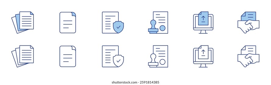Document icon set in two styles, Duotone and Thin Line style. Editable stroke. paper, stamp, file, legal document, upload, agreement.