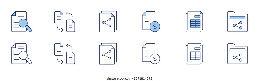 Document icon set in two styles, Duotone and Thin Line style. Editable stroke. criminal record, transfer, share, investment, spreadsheet, folder.