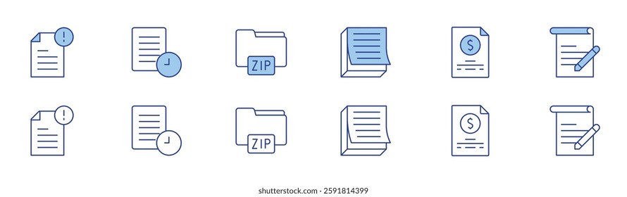 Document icon set in two styles, Duotone and Thin Line style. Editable stroke. file, archive, zip file, post it, application, quote request.