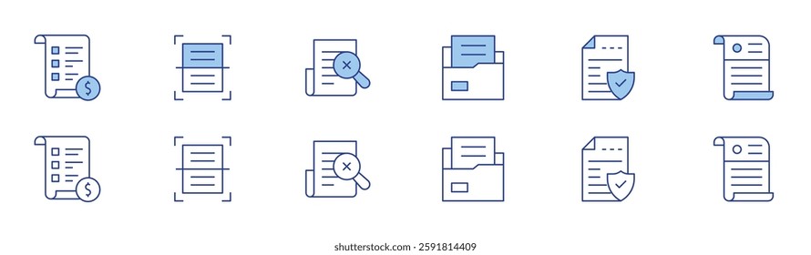 Document icon set in two styles, Duotone and Thin Line style. Editable stroke. price list, scanner, document, files, data protection, statement.