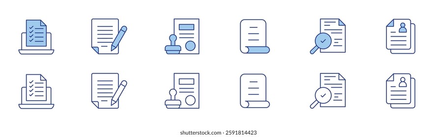 Document icon set in two styles, Duotone and Thin Line style. Editable stroke. check list, contract, document, note, audit, personal data.