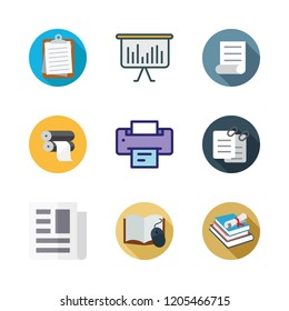 document icon set. vector set about files, open book, bar chart and paper roll icons set.