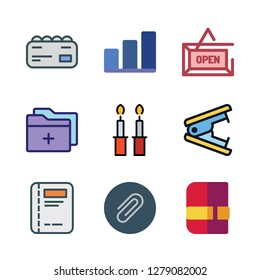 document icon set. vector set about agenda, stapler, business card and folder icons set.