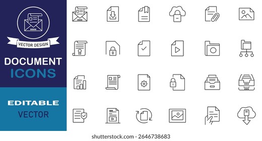 Document icon set. Document set of web icons in line style. Included icons as file, folder, page, agreement, passport, paperwork, checklist and more. Vector illustration.