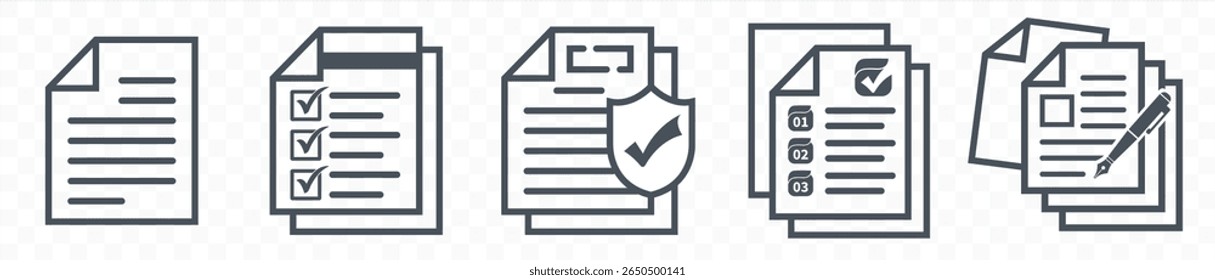 Document icon set.Paper documents icon,Business office documents with folder in a Editable stroke. Linear style documents icon. edit, tick, cross sign.isolated on transparent background.