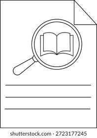 A document icon shows a book under a magnifying glass with text lines below and a folded corner