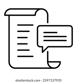 Document icon with a speech bubble representing messaging, feedback collection, collaboration, and user interaction