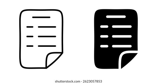 Document icon with text lines and folded corner. Linear and silhouette style.